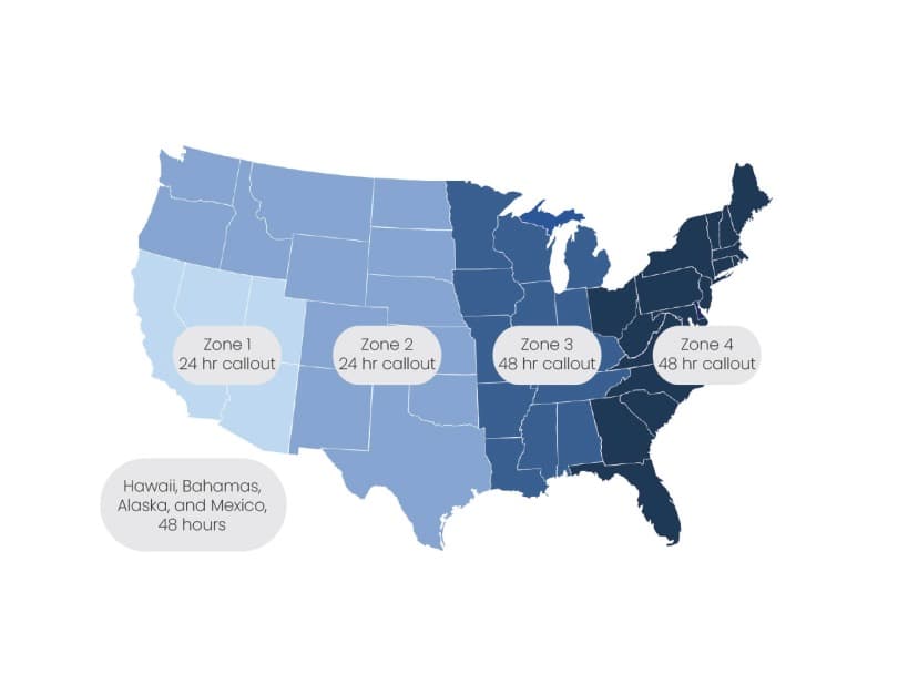 JT Connect Callout Map: 24 hour callout in the Wester United States to the Mississippi and 48 hour callout in the rest of the United States and Bahamas.